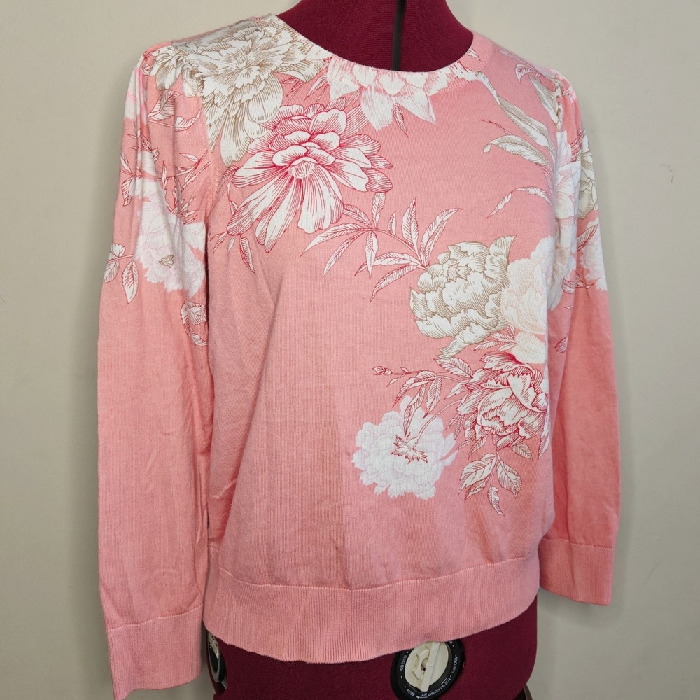 Talbots Floral Sweater Pink Crew Neck‎ Cotton Blend  Pull Over Knit Petite Large
